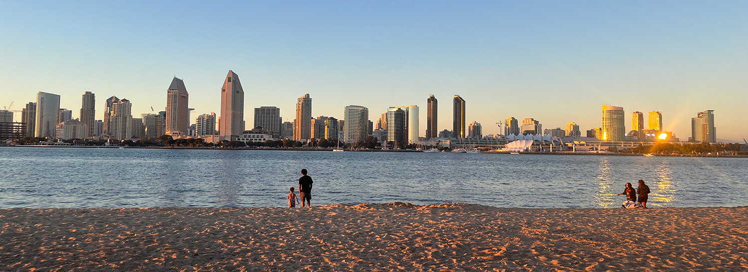 An image of San Diego downtown at sunset.