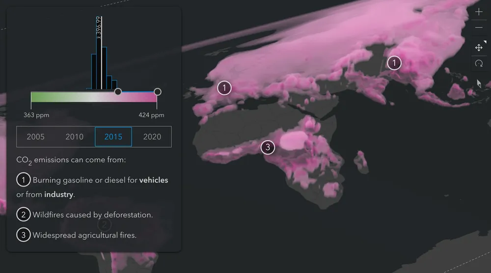 A visualization of the global distribution of carbon dioxide in the atmosphere.